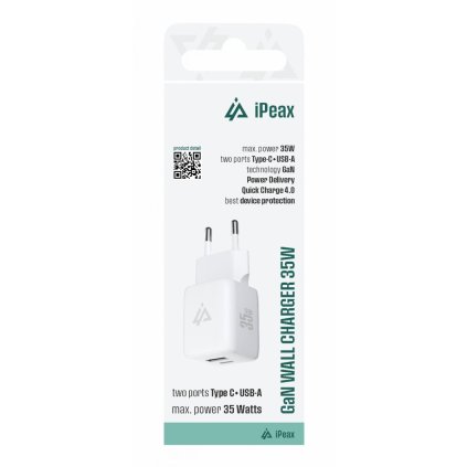 Adaptér iPeax GaN s rýchlonabíjaním 35W (USB-C + USB-A) biely