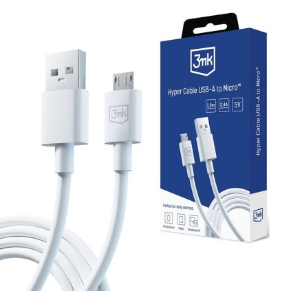 3mk Datový kábel Hyper USB A na Micro USB 5V 2.4A 1.2m biely