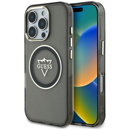 Guess IML Metal Mountain Logo MagSafe pre iPhone 16 Pro čierne puzdro