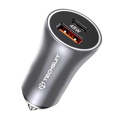 Techsuit Premium autonabíjačka RescueVolt C3 s kovovým rozbíjačom okien rýchle nabíjanie USB QC18W USB C PD30W 5V 3A sivý