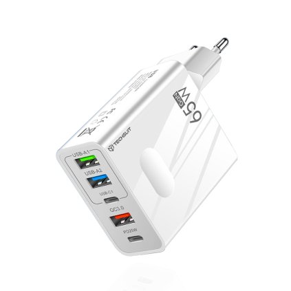 Techsuit Premium Nástenná Nabíjačka PentaXPower CHC1 3x USB 2x Type C PD 25W 65W GaN Rýchle Nabíjanie Biela
