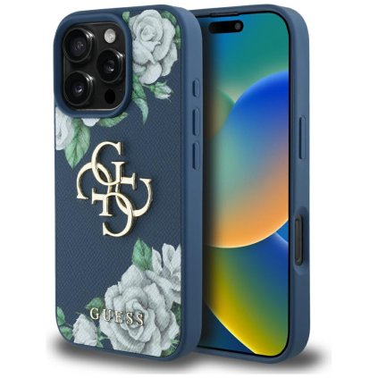 Guess Puzdro 4G Grained Roses Big Logo iPhone 16 Pro modré