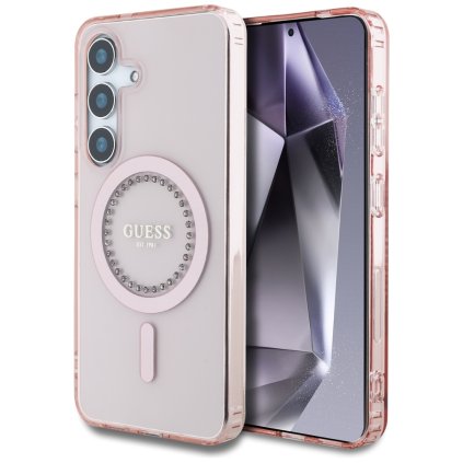 Guess IML Rhinestones MagSafe puzdro pre Samsung Galaxy S25 ružová