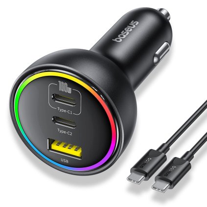Baseus autonabíjačka 2x USB C USB 152.5W Rýchle Nabíjanie RGB USB C Kábel Čierna