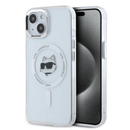Karl Lagerfeld IML MagSafe iPhone 15 Biele Metalické Puzdro Choupette's Head