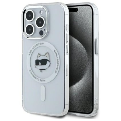 Karl Lagerfeld IML MagSafe iPhone 14 Pro Biele Metalické Puzdro Choupette's Head