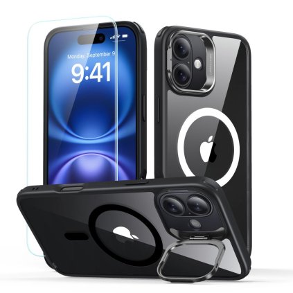 ESR classic hybrid HaloLock kickstand + tvrdené sklo iPhone 16 čierna priehľadná