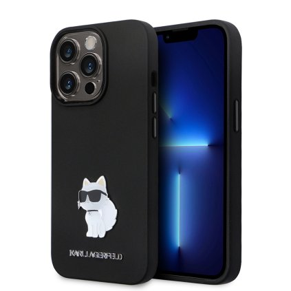 Karl Lagerfeld Silicone puzdro iPhone 14 Pro Choupette Metal Pin ružové