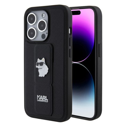 Karl Lagerfeld Saffiano Gripstand iPhone 15 Pro Choupette Pins ružová