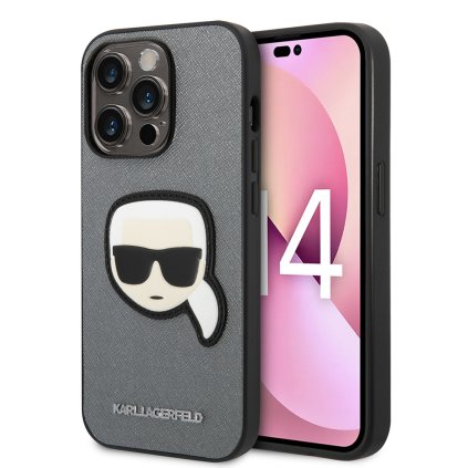 Karl Lagerfeld Saffiano puzdro iPhone 14 Pro strieborné Karlova hlava