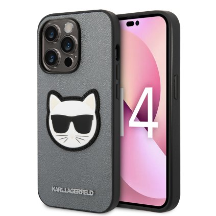 Karl Lagerfeld Saffiano puzdro iPhone 14 Pro strieborné Choupette Head