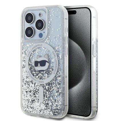 Karl Lagerfeld Liquid Glitter MagSafe iPhone 15 Pro priehľadný Choupette Head