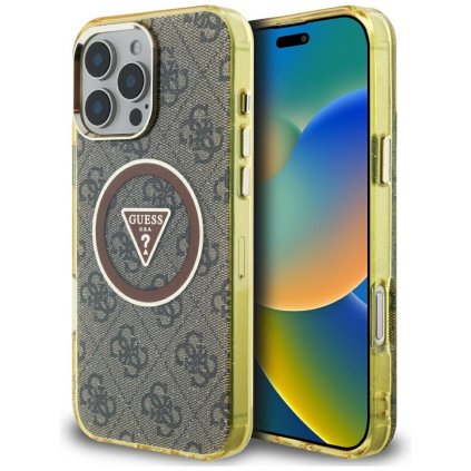 Guess IML Metal Glitter 4G Circle Triangle MagSafe iPhone 16 Pro hnedý