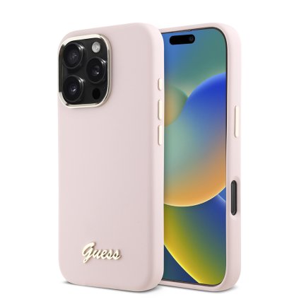 Guess - silikónový kryt s kovovým logom a rámčekom iPhone 16 Pro ružový