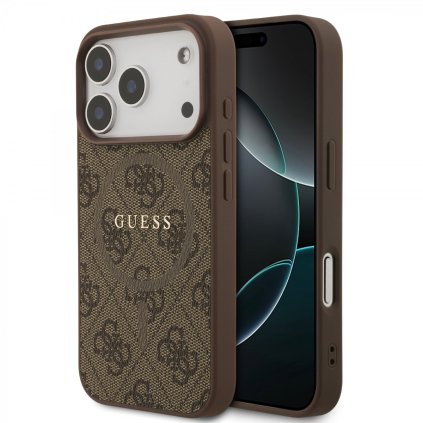 Zadný kryt Guess PU Leather 4G Farebný krúžok MagSafe pre iPhone 17 Pro Hnedá