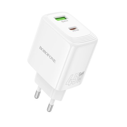 Adaptér Borofone BN30 Nabíjačka GaN – USB + Type C – QC 3.0 PD 45W biely