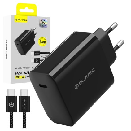 Nabíjačka Blavec BC-8 GaN4 – typ C – PD QC 65W 3A s káblom typu C na typ C (TCBC8G4-CB653A+CC) čierna