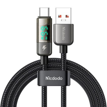 Mcdodo – dátový kábel (CA-3630) – USB-C na USB-A, 6A s digitálnym displejom, automatické vypnutie, transparentný dizajn, 1,2 m – čierny