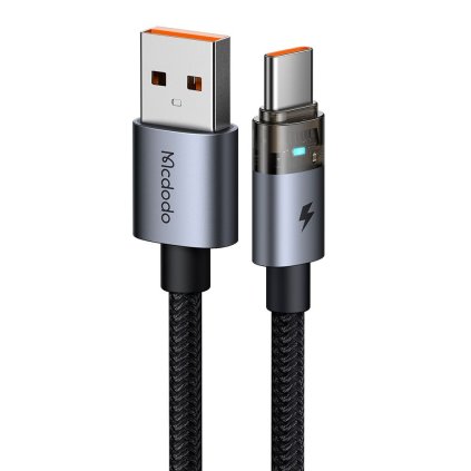 Mcdodo – dátový kábel (CA-6890) – s nabíjacím svetlom, USB-C na USB-A, priehľadný kábel, 6A, 1,2m – čierny