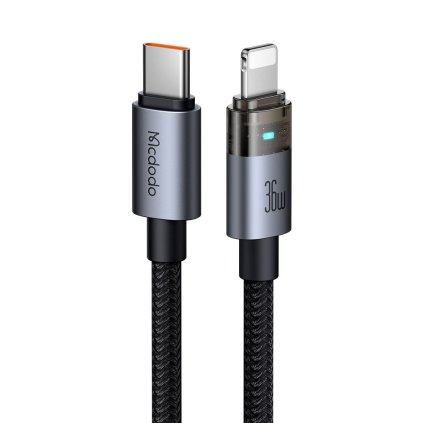 Mcdodo – dátový kábel (CA-6940) – s nabíjacím svetlom, USB-C na Lightning, priehľadný kábel, 36W, 1,2m – čierny
