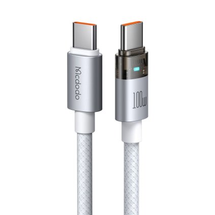 Mcdodo – dátový kábel (CA-5582) – s nabíjacím svetlom, USB-C na USB-C, priehľadný kábel, 100W, 1,2m – biely