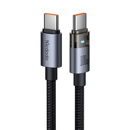 Mcdodo – dátový kábel (CA-5580) – s nabíjacím svetlom, USB-C na USB-C, priehľadný kábel, 100W, 1,2m – čierny