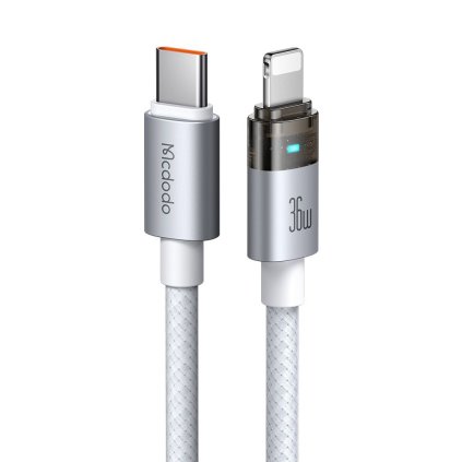 Mcdodo – dátový kábel (CA-6942) – s nabíjacím svetlom, USB-C na Lightning, priehľadný kábel, 36W, 1,2m – biely
