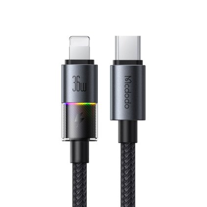 Mcdodo – dátový kábel (CA-8190) – so 7 farebnými svetlami, USB-C na Lightning, 36W, 3A, 1,2m – čierny