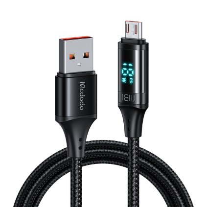 Mcdodo – dátový kábel (CA-1070) – USB 2.0 na micro-USB, s digitálnym displejom, nylonové opletenie, hliníková zliatina, 3A, 1,2m – čierny
