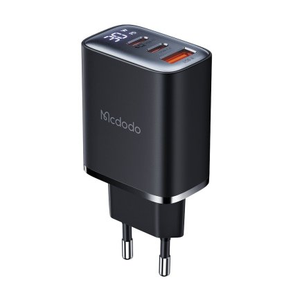 Mcdodo - nástenná nabíjačka (CH-2180) - 2x USB-C, 1x USB-A, 30W, rýchlonabíjačka, digitálny displej - čierna