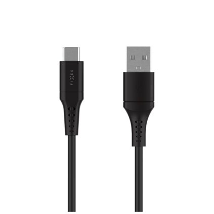 Krátky nabíjací a dátový kábel FIXED z tekutého silikónu s konektormi USB/USB-C a podporou PD, 0.3m, USB 2.0, 60W, čierny.