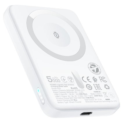 Acefast - magnetická bezdrôtová powerbanka (M25-5000) - MagSafe, rýchle nabíjanie, USB-C, 5000mAh, 20W, 5V/2.4A, LED indikátor - biela