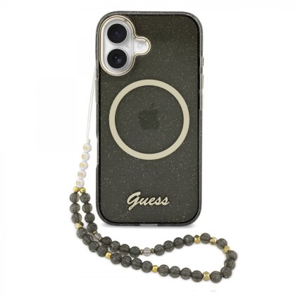 Zadný kryt Guess IML Glitter Script Strap MagSafe pre iPhone 17 čierny