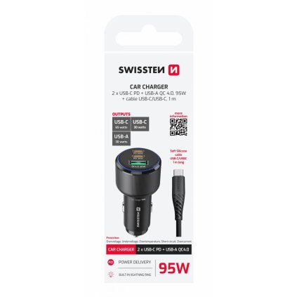 Rýchlonabíjačka do auta Swissten USB-A, 2x USB-C PD 95W + dátový kábel USB-C 1 m čierna
