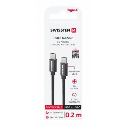 Dátový kábel Swissten textilný usb-c / usb-c 0.2 m čierny