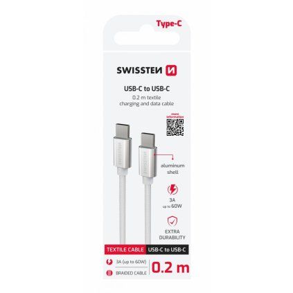Dátový kábel Swissten textilný usb-c / usb-c 0.2 m strieborný