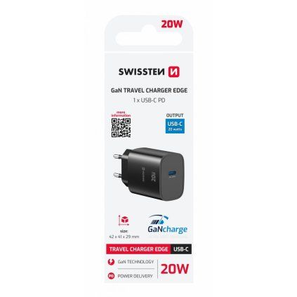 Adaptér Swissten Edge Gan 1x USB-C PD 20w čierny