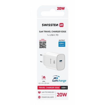 Adaptér Swissten Edge Gan 1x USB-C PD 20W biely
