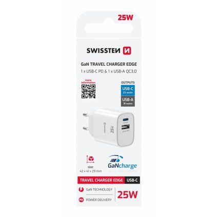 Adaptér Swissten Edge Gan 1x USB-C PD 25W + 1x USB-A 18W QC biely