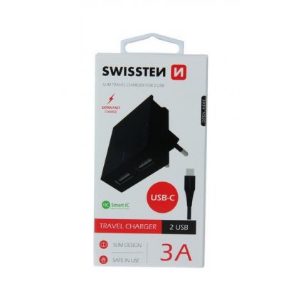 Nabíjačka Swissten USB-C (Type-C) Dual Smart IC 3A čierna