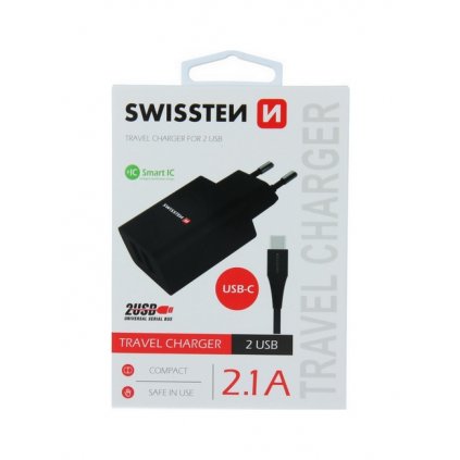 Nabíjačka Swissten USB-C (Type-C) Dual Smart IC 2.1A čierna