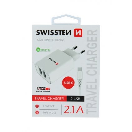 Nabíjačka Swissten USB-C (Type-C) Dual Smart IC 2.1A biela