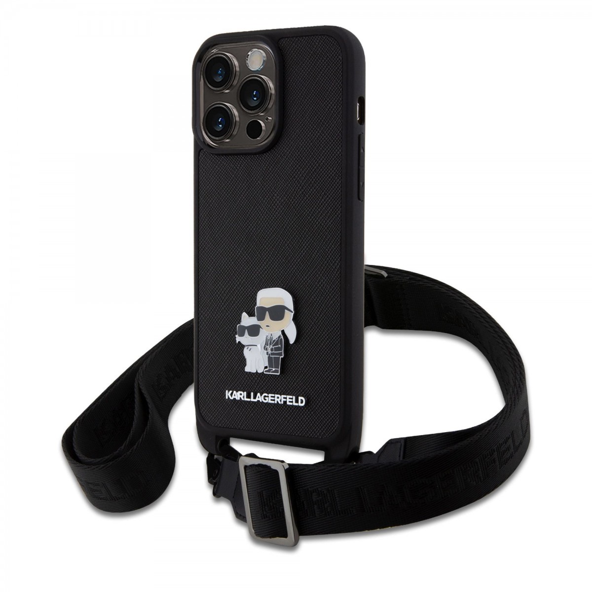 Zadný kryt Karl Lagerfeld Saffiano Crossbody Metal Karl and Choupette pre iPhone 15 Pro Max Black