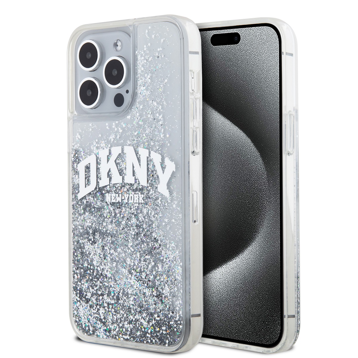 DKNY Liquid Glitter Arch Logo Zadný kryt pre iPhone 15 Pro Max Transparent