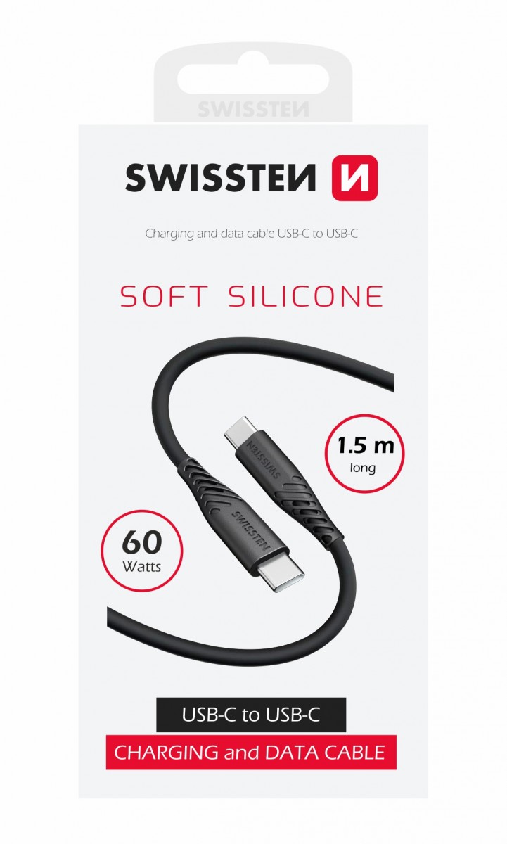 Dátový kábel swissten soft silicone usb-c / usb-c 1,5 m 60w čierny
