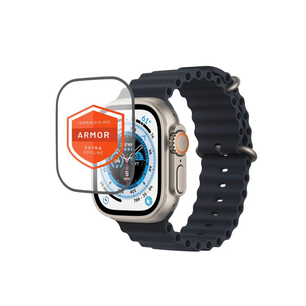 Prémiové ochranné tvrdené sklo FIXED Armor s aplikátorom pre Apple Watch Ultra 49 mm, čierne
