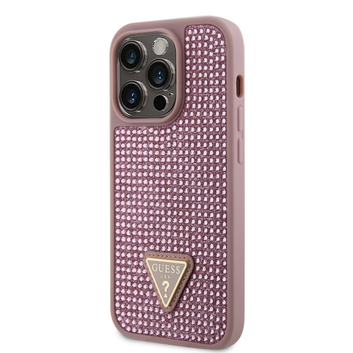 Zadný kryt Guess Rhinestones Triangle Metal Logo na iPhone 14 Pro ružový