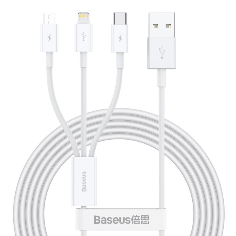 Dátový kábel Baseus CAMLTYS-02 Superior Fast Charging 3v1 USB-C, Lightning, MicroUSB 1,5 m biely