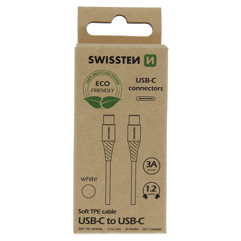 Dátový kábel swissten usb-c/usb-c biely 1,2 m (ekologické balenie)