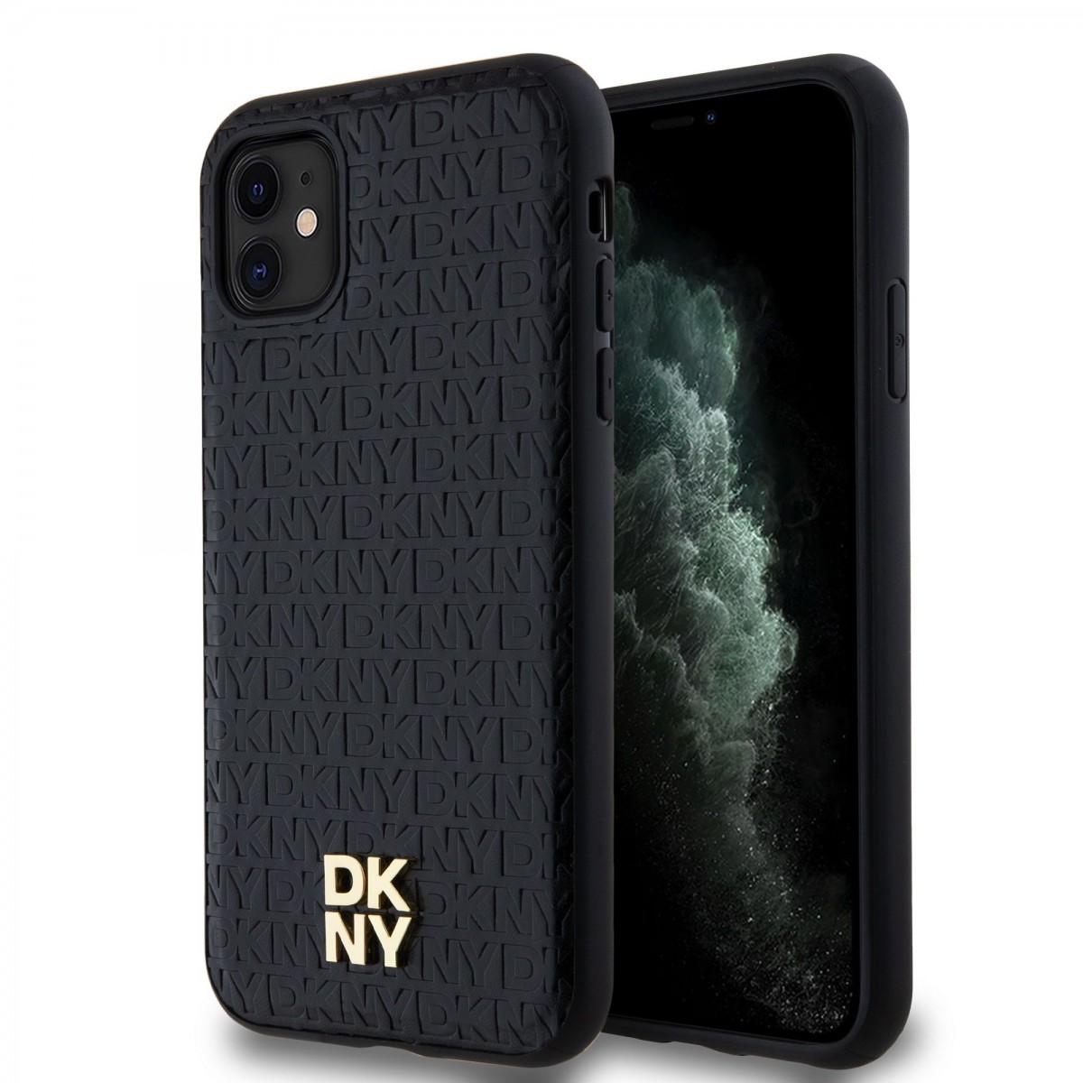 Kožený zadný kryt DKNY Repeat Pattern Stack Logo Magsafe pre iPhone 11 Black